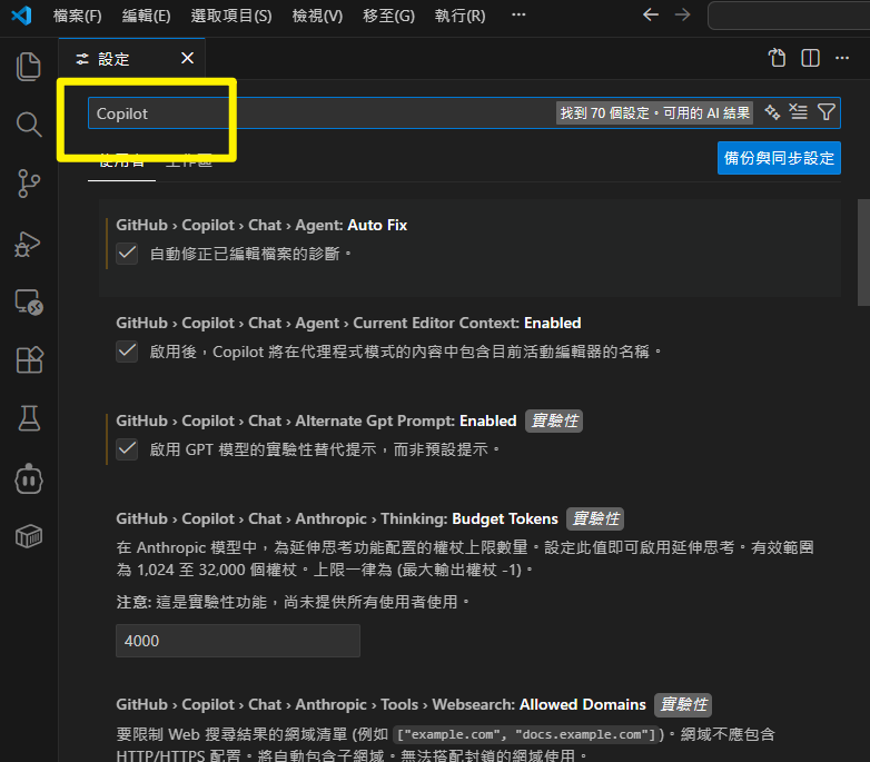 開啟 Copilot 設定頁面