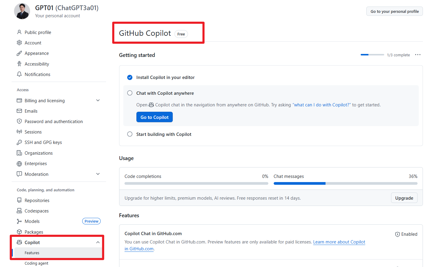 GitHub Settings Copilot