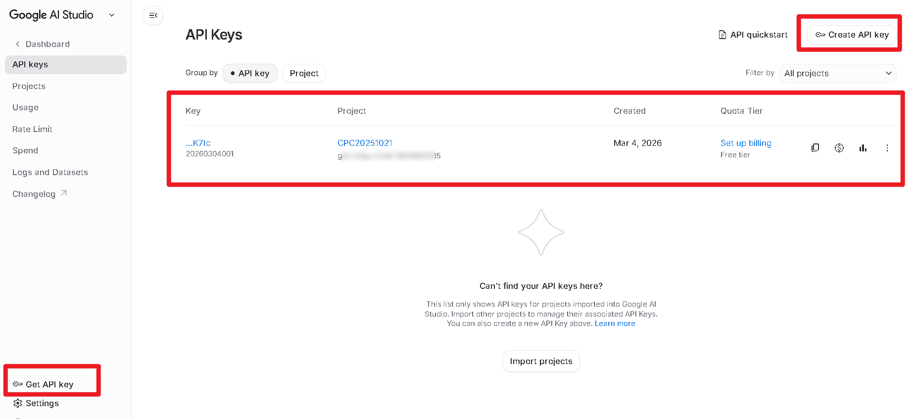 Google AI Studio API Key 頁面