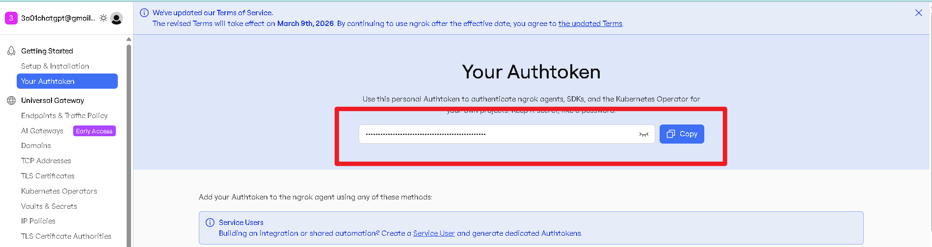 ngrok Dashboard Authtoken 頁面
